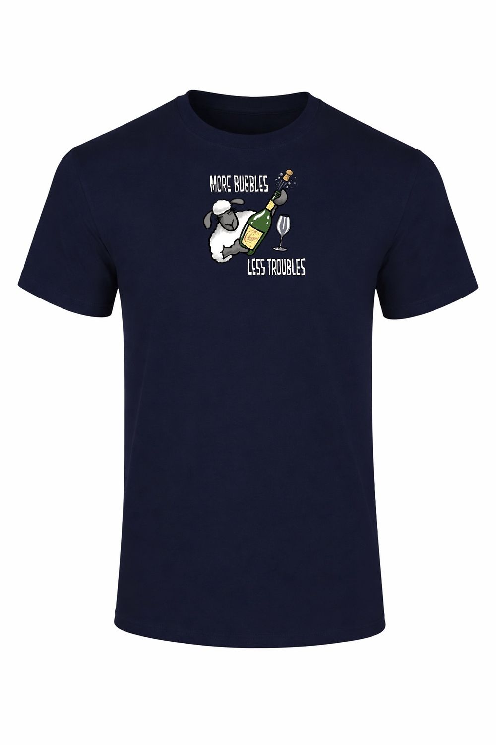 More Bubbles, Less Troubles | Funny T-Shirt | Flockers, Colour: Navy, Size: XS