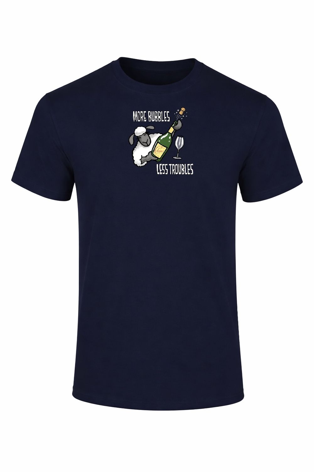 More Bubbles, Less Troubles | Funny T-Shirt | Flockers, Colour: Navy, Size: XS