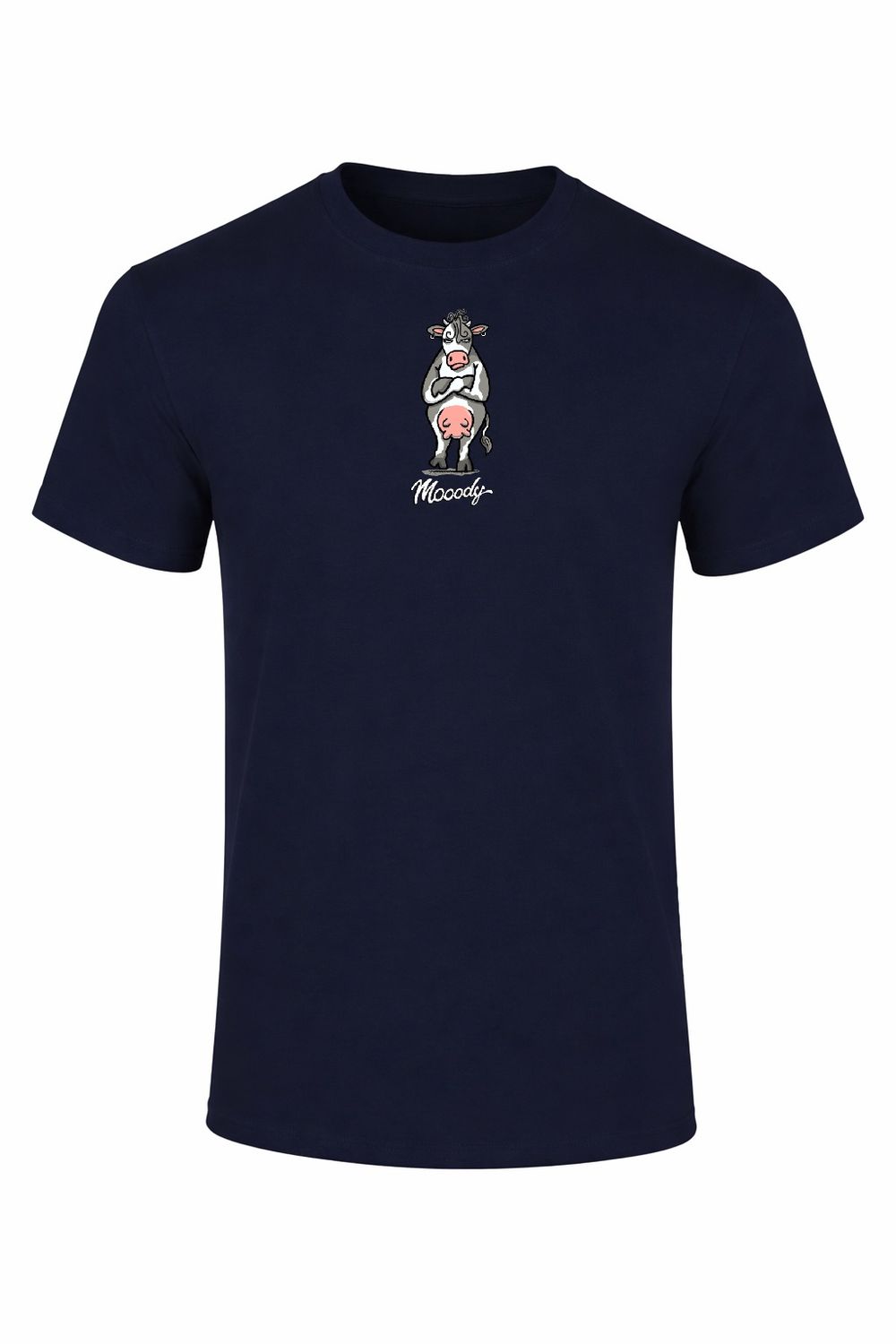 Mooody The Original Cow | Funny T-Shirt | Baaad Flockers, Colour: Navy, Size: SML