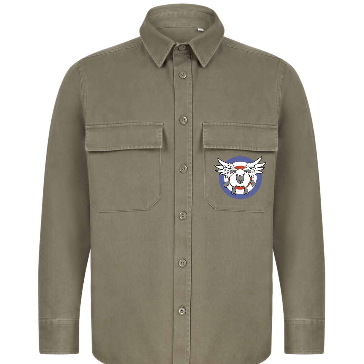 Flying Flock Airforce Overshirt | Heavyweight Embroidered Cotton Drill Shacket, Colour: Khaki, Size: XS