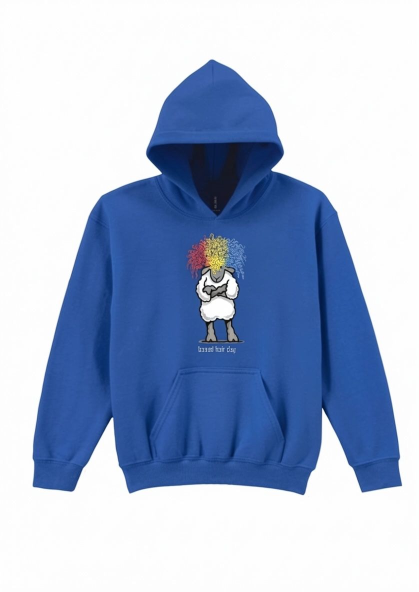 Baaad Hair Day Kids Hoodie | Funny Children’s Hoodie | Little Flockers®, Colour: Royal Blue, Size: 3/4 26"