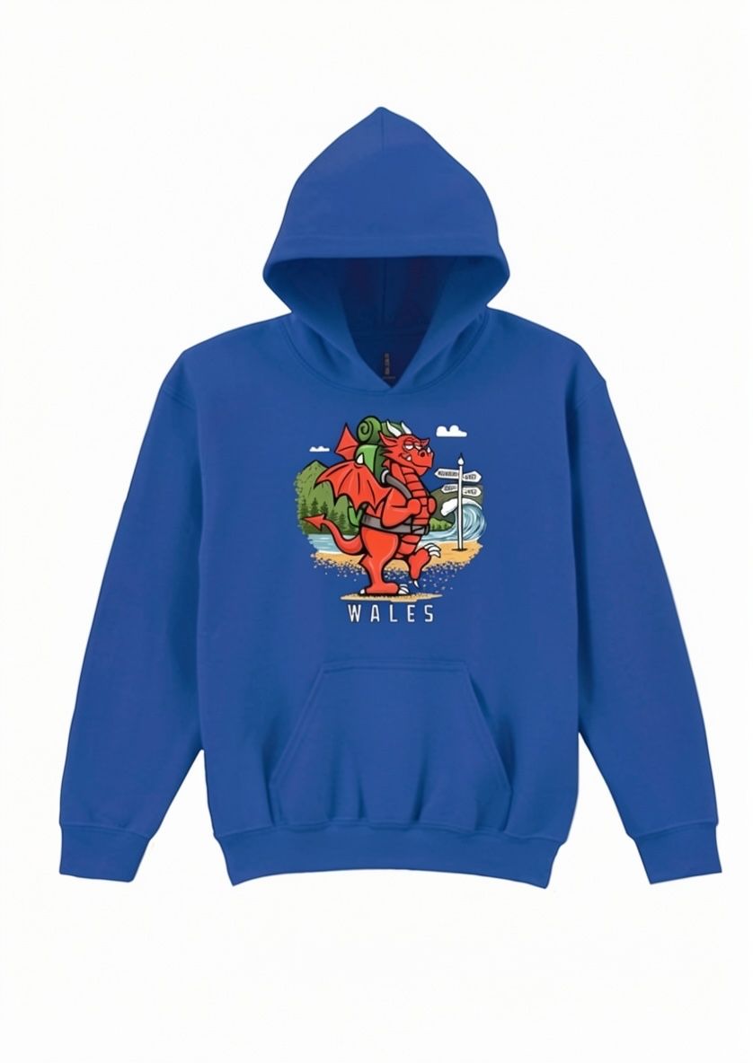 Red Dragon Kid’s Hoodie | Welsh Dragon Hoodie for Kids | Little Flockers®, Colour: Royal Blue, Size: 3/4 26"