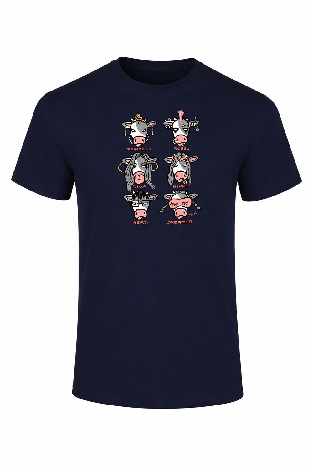 Mooody Diva® Cow T-Shirt | Funny 6 Cow Faces Graphic Tee | Baaad Flockers®, Colour: Navy, Size: XS
