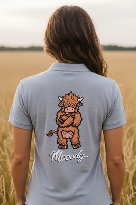 Heffie Highland Cow Polo Shirt | Big Back Print Mooody® Polo | Baaad Flockers®