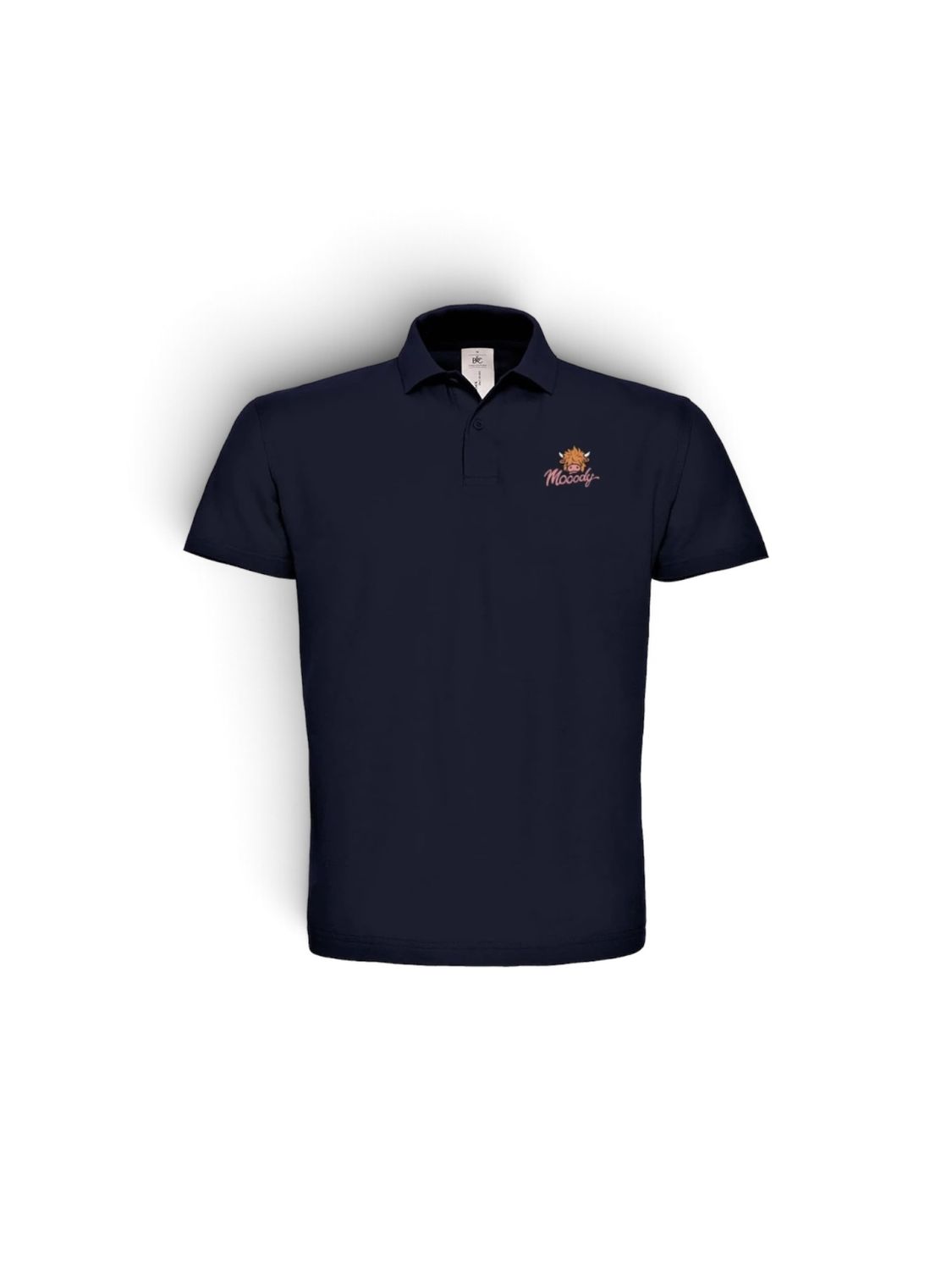 Heffie Highland Cow Polo Shirt | Big Back Print Mooody® Polo | Baaad Flockers®, Colour: Navy Blue, Size: XS