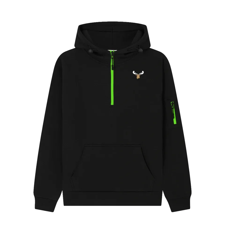 Mad Moose® Quarter-Zip Hoodie | Practical Outdoor Hoodie, Colour: Jet Black/Neon Green, Size: XS
