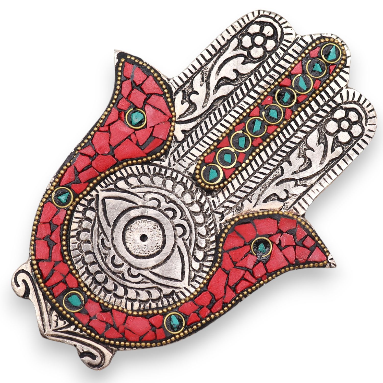 Podstawka z Polerowanego Aluminium 13x5.5cm - Mała Czerwono-Zielona Hamsa