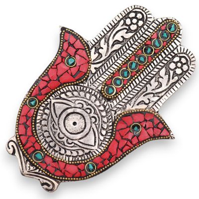 Podstawka z Polerowanego Aluminium 13x5.5cm - Mała Czerwono-Zielona Hamsa