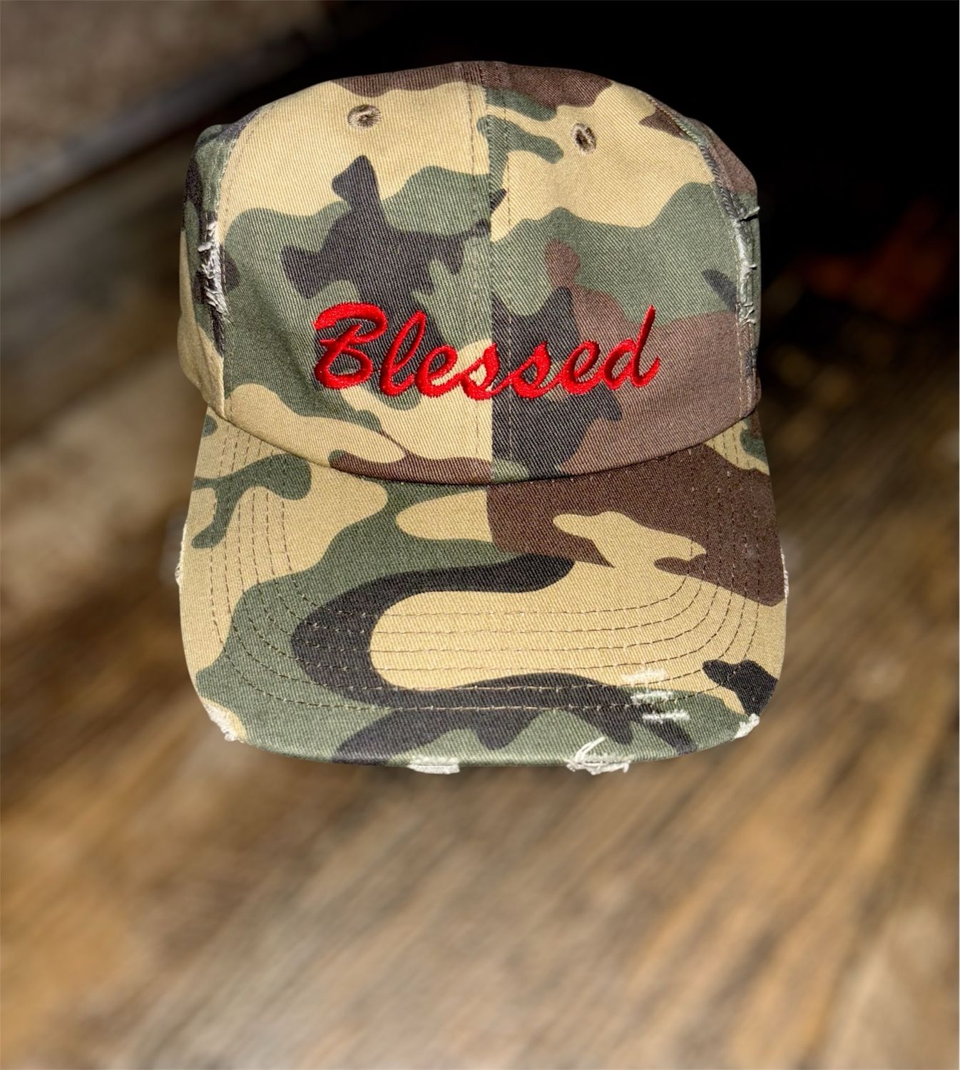 Embroidered Blessed Distressed Camo Hat
