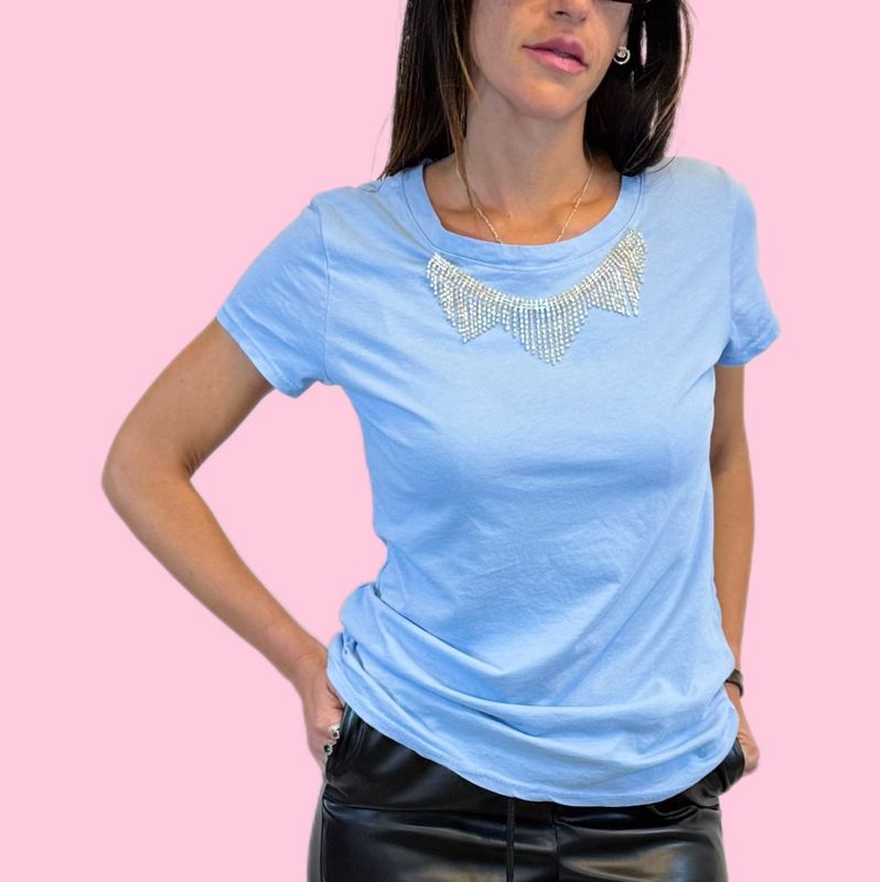 Light blue T-shirt with rhinestone necklace