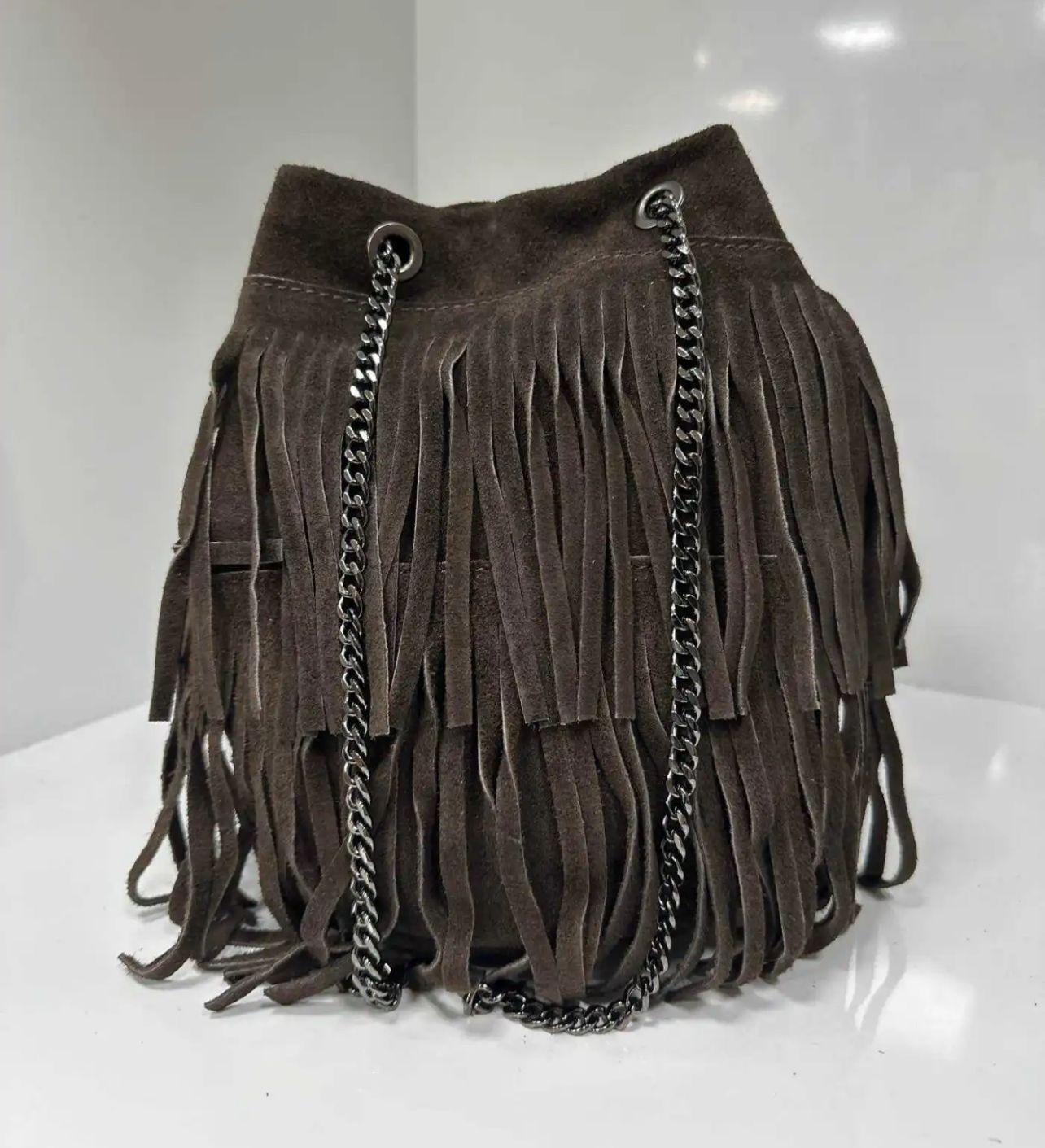 Borsa a Secchiello con Frange in Pelle Scamosciata