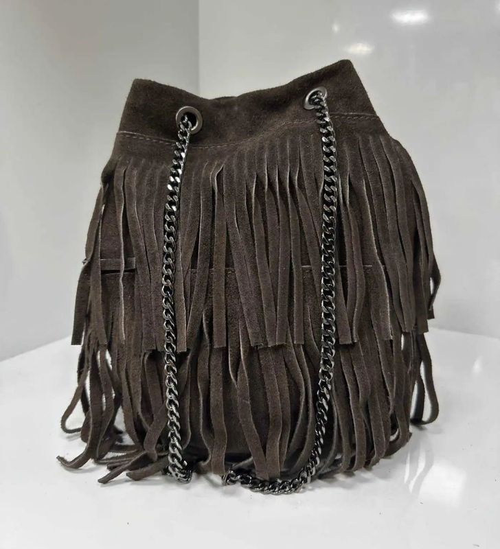 Borsa a Secchiello con Frange in Pelle Scamosciata