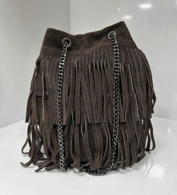 Borsa a Secchiello con Frange in Pelle Scamosciata