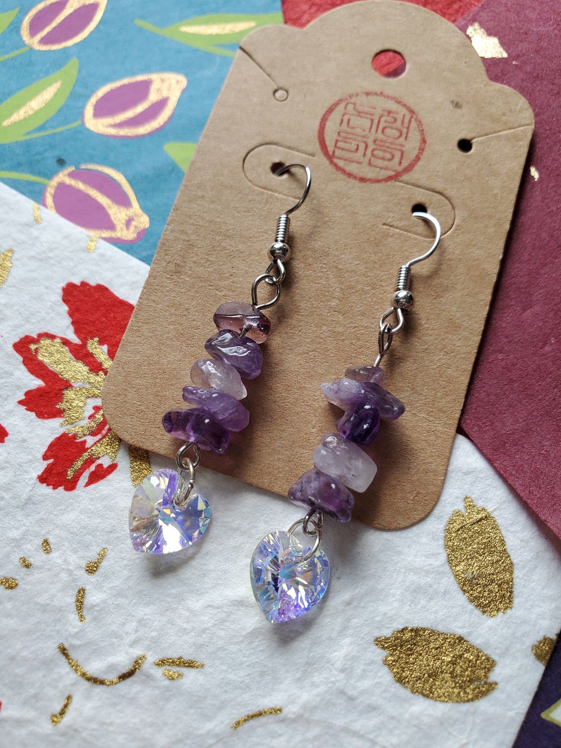 Crystal Heart Dangle Earrings (Amethyst)