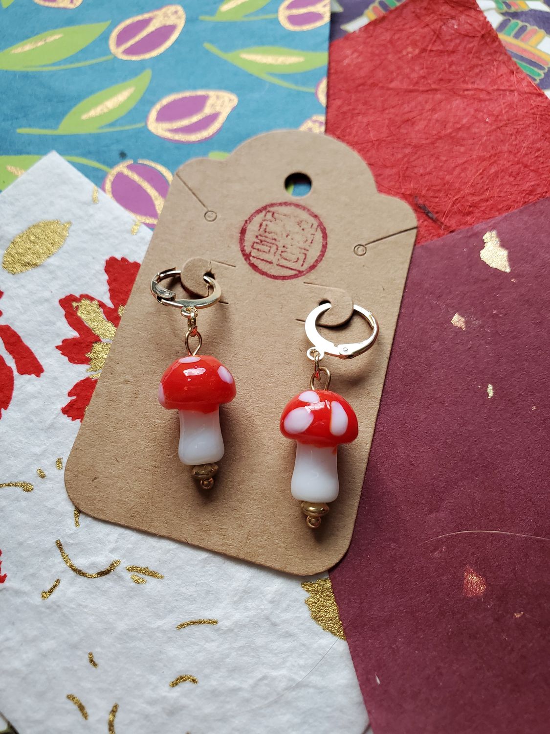 Small Mushroom Dangle Earrings (Red)