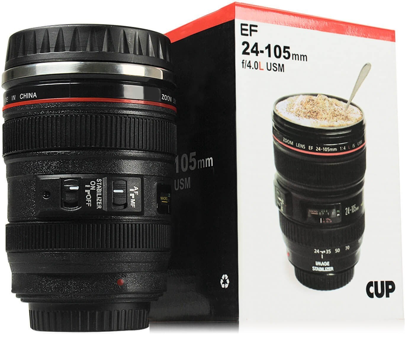 Canon Lens Coffee Mug- Travel Size Thermos Cup W/ Stainless Steel Insulation. Easy Clean Lid. 12oz