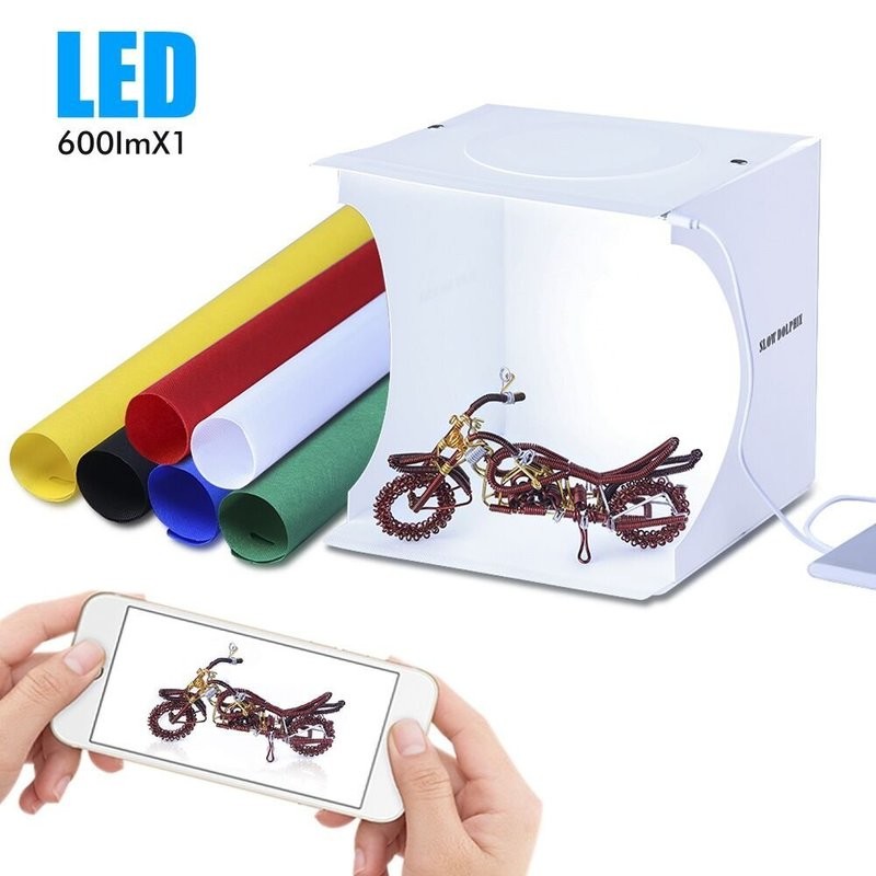 Photo Studio Caja de luz portátil para joyas y objetos pequeños plegable portátil estudio de iluminación de fotografía foto cabina tiro kit de tienda de campaña (1 x 20 LED luces 6 colores fondos)