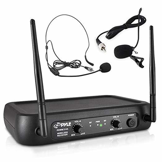 Pyle PDWM2145 VHF sistema de micrófono inalámbrico, 2 audífonos/micrófonos lavalier, 2 paquetes, frecuencia fija