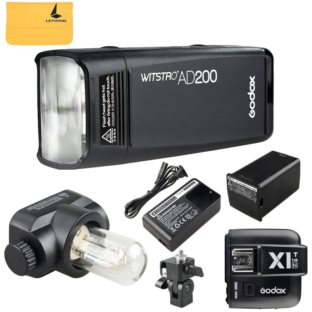 GODOX AD200 TTL 2.4G HSS 1/8000s - Linterna de doble cabeza, 200 W, con batería de litio de 2900 mAh, luz de flash + GODOX X1T-N TTL 2.4G transmisor de disparador de flash inalámbrico para Nikon