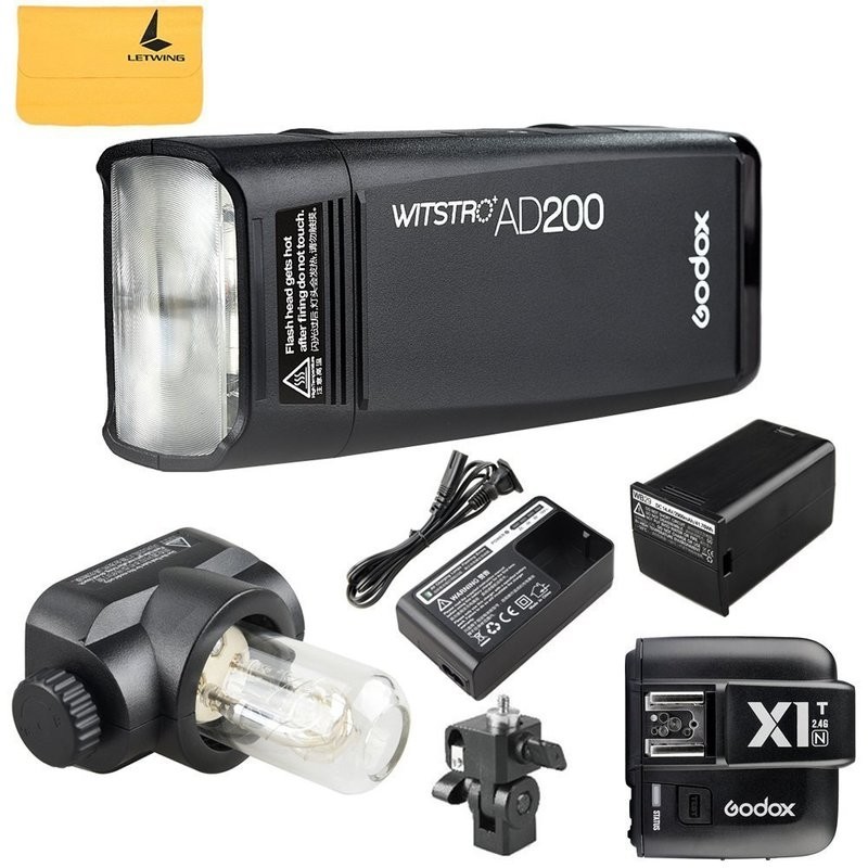 GODOX AD200 TTL 2.4G HSS 1/8000s - Linterna de doble cabeza, 200 W, con batería de litio de 2900 mAh, luz de flash + GODOX X1T-N TTL 2.4G transmisor de disparador de flash inalámbrico para Nikon