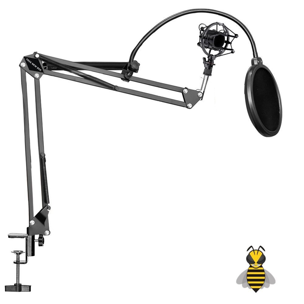 Set Microphone Suspension Boom Scissor Arm Stand with 6 inch Mic Round Wind Pop Filter Mask Shield and Black Shock Mount