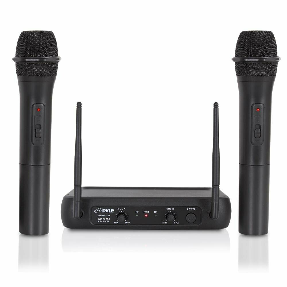 Pyle - Sistema de micrófonos inalámbrico PDWM2135 VHF, 2 micrófonos de mano, frecuencia fija