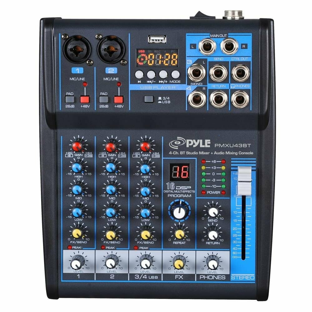 Pyle - Mezclador de audio profesional con interfaz de sistema de consola de 4 canales, USB, Bluetooth, MP3, entrada de ordenador, 48 V, potencia, estéreo, DJ Studio Streaming FX 16-Bit DSP procesador