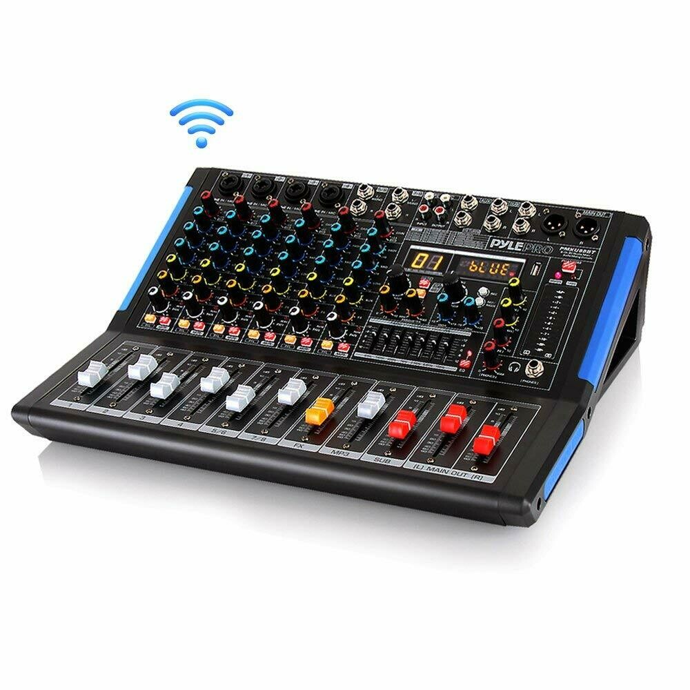 Pyle Pro Mezclador de audio Bluetooth Studio - Interfaz de controlador de sonido DJ con unidad USB para entrada de grabación de PC, conector de micrófono XLR, alimentación de 48 V,