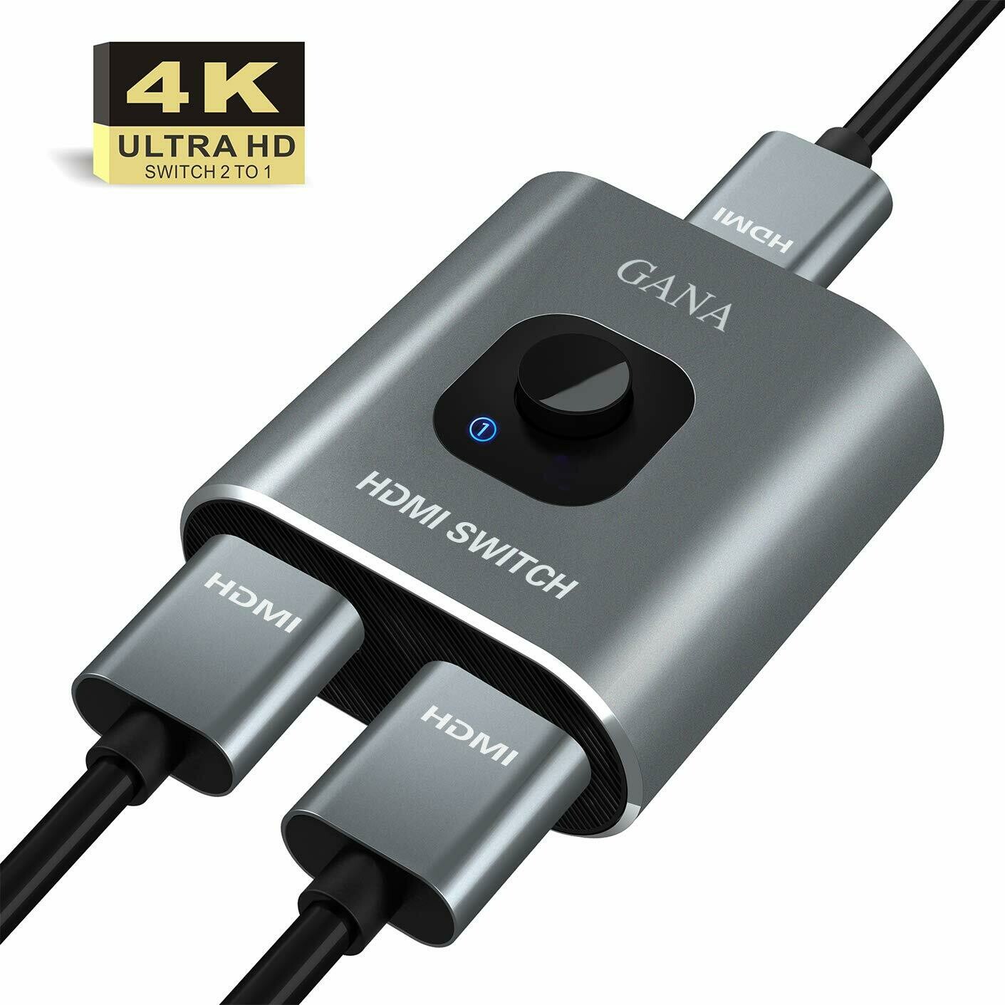 Interruptor HDMI 4K HDMI divisor – Gana Prime aluminio bidireccional conmutador HDMI 1 en 2 salidas (pantalla única) o 2 entradas 1 salida, soporta 4K 3D HD 1080P para Xbox PS4 Roku HDTV, etc.