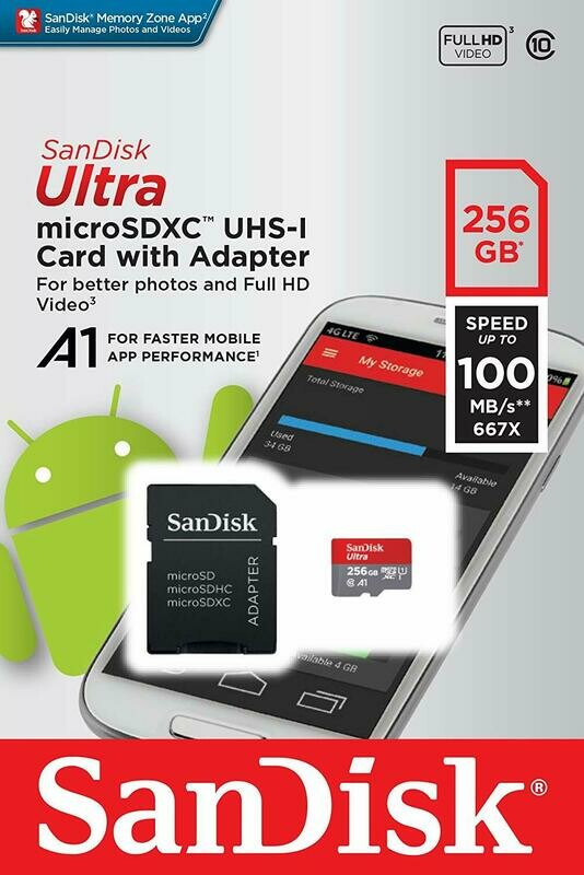 SanDisk 256GB Ultra microSDXC UHS-I Memory Card with Adapter - 100MB/s, C10, U1, Full HD, A1, Micro SD Card