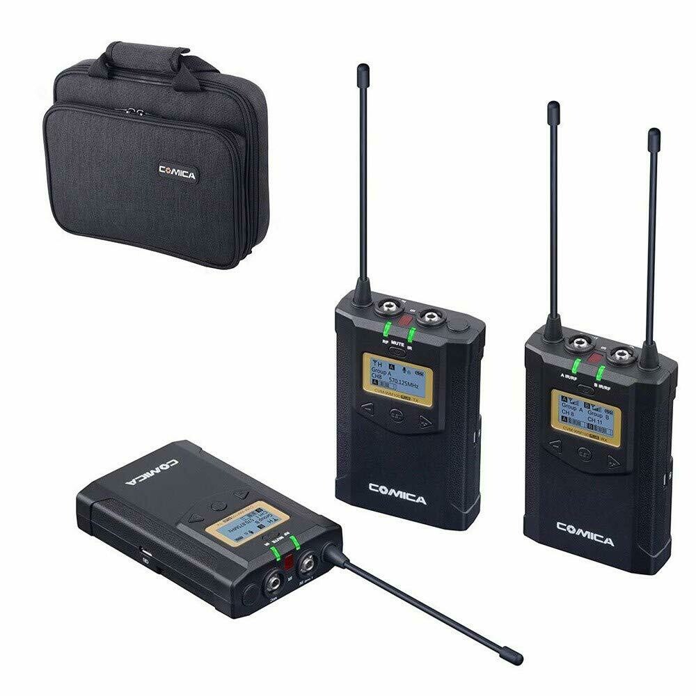 COMICA CVM-WM100 Plus - Kit de transmisor doble y receptor UHF de 48 canales. Inalámbrico Mono/Stereo con micrófono de lavalier para Canon Nikon Panasonic Sony, videocámara, smartphone