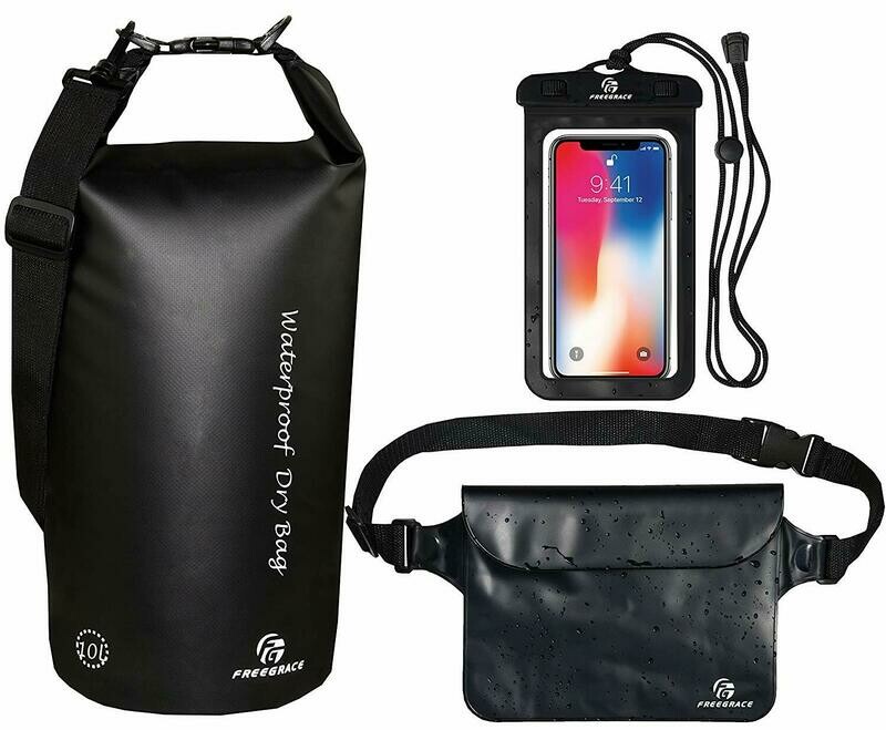 Juego de 3 bolsas impermeables de Freegrace, bolsa seca con 2 cierres y correa desmontable de hombro, bolsa para cintura y teléfono celular, se puede sumergir en el agua 5L