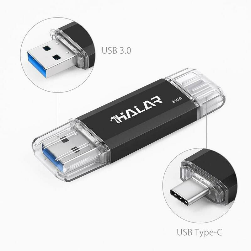 Dual Flash Drive（USB A-3.0 A USB C-3.1) High Speed USB Memory Disk Compatible con Celulares, Tablets, PC y MacBook (64GB, Black)