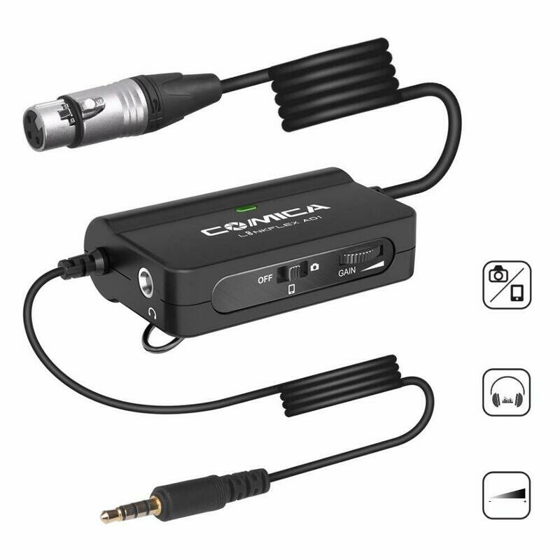 Comica LinkFlexAD1 - Adaptador de micrófono Xlr a 3.5mm con monitor de audio en tiempo real, control de ganancia sin escalones, adaptador xlr a Trs/Trrs para videocámaras DSLR y smartphones, 149 Pies