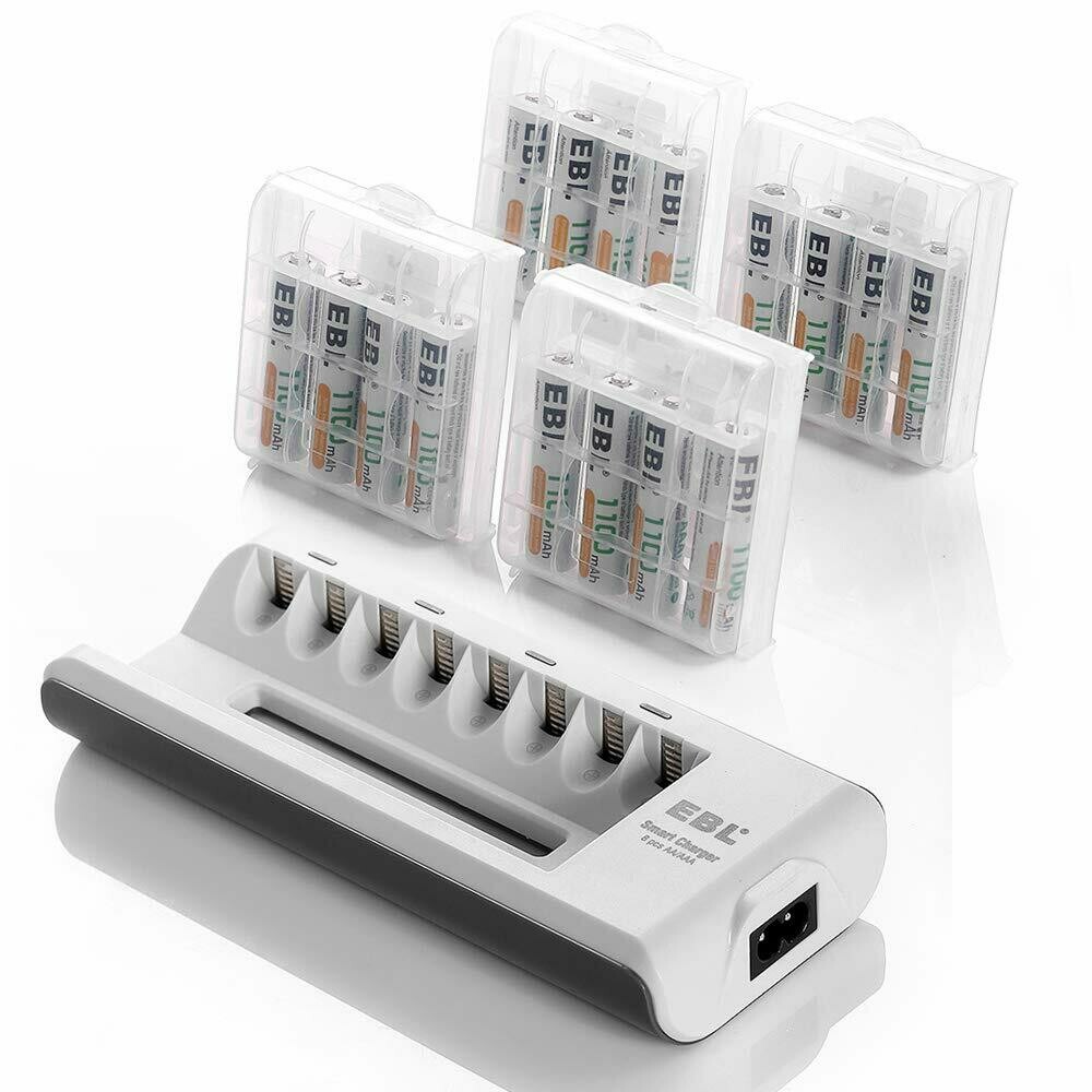 Cargador de baterías AAA y AA y de baterías recargables AAA Ni-MH 1100 mAh,  16 unidades con estuches para pilas de EBL