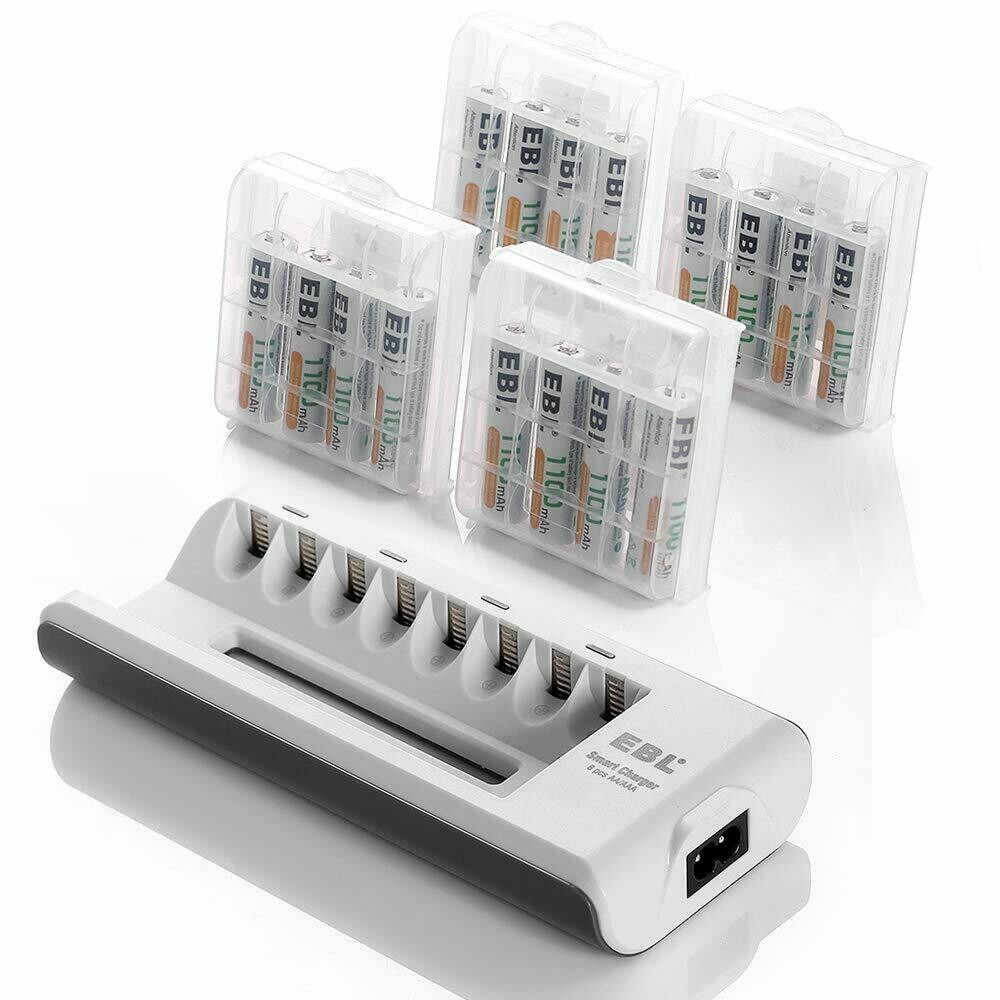Cargador de baterías AAA y AA y de baterías recargables AAA Ni-MH 1100 mAh, 16 unidades con estuches para pilas de EBL