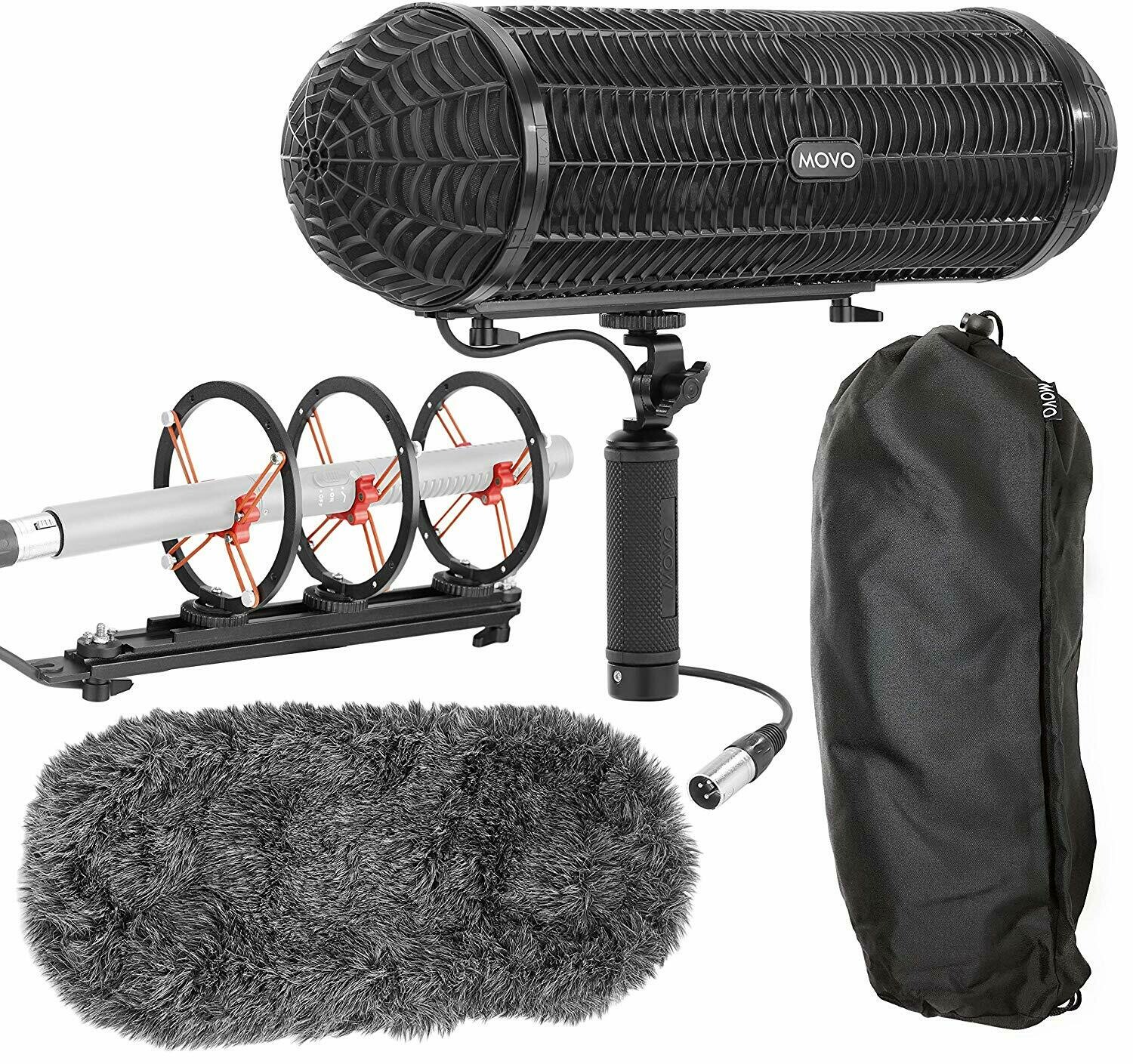 Movo BWS1000 Blimp Microphone Windshield Mount and Vibration Protection System for Shotgun Microphones - Features 12-point Internal Shock Mount, Integrated XLR Cable, Deadcat Windscreen and Grip Handl