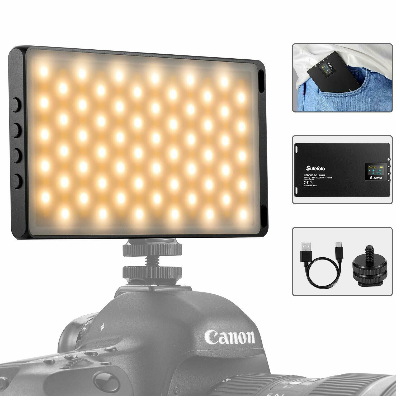 Aluminum Rechargeable On-Camera Led Video Light, 120 LED 4000mAH Battery Dimmable CRI 95+ Bi-Color 3200-5600K with 1/4&quot; thread