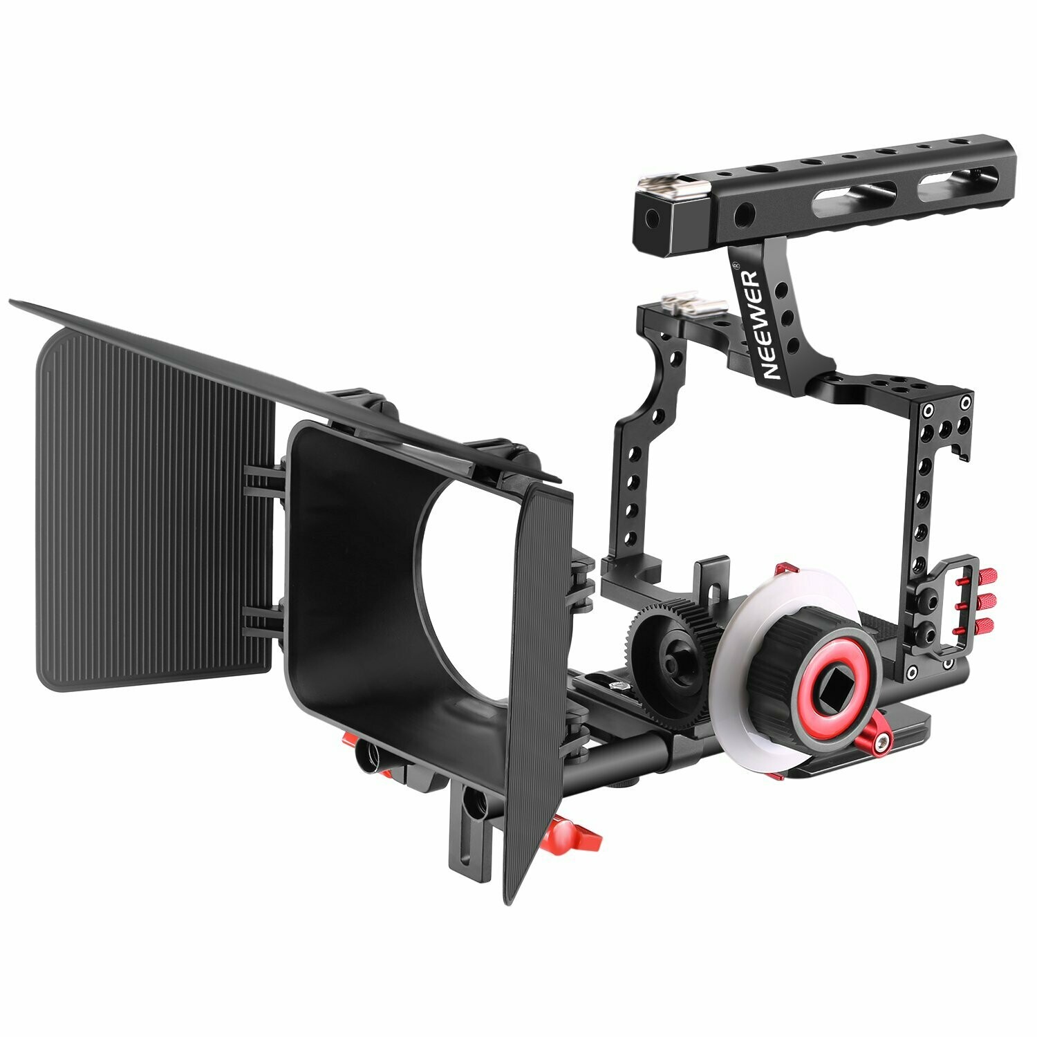 Neewer Film Movie Making Camera Video Cage with 15mm Rail Rods Matte Box, Follow Focus with Gear Ring Belt for Sony A7 A7S A7SII A7R A7RII A7II A6000 A6300 A6500 Panasonic GH4 GH3 Cameras (Red+Black)