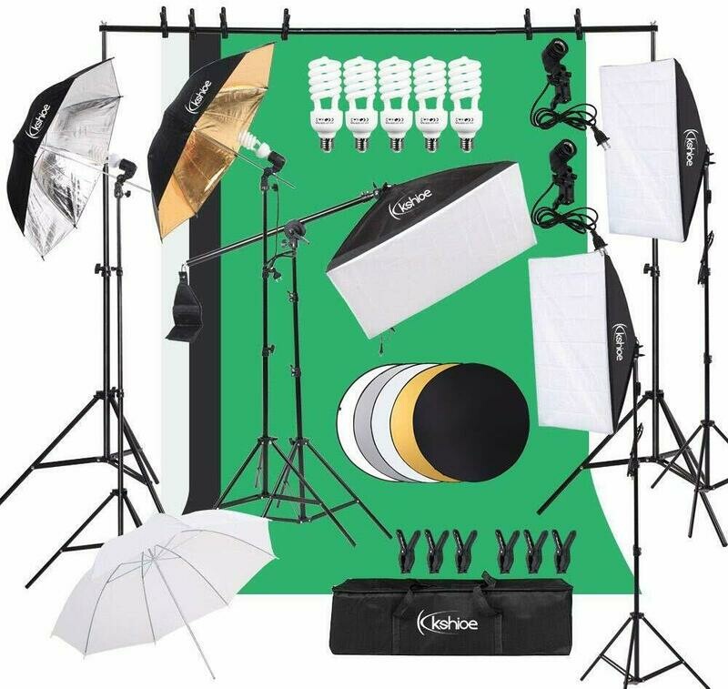 Kshioe Kit de iluminación para fotografía, paraguas Softbox Set iluminación continua con 6.5 pies x 9.8 pies Sistema de soporte de fondo para estudio de fotografía producto, retrato y vídeo