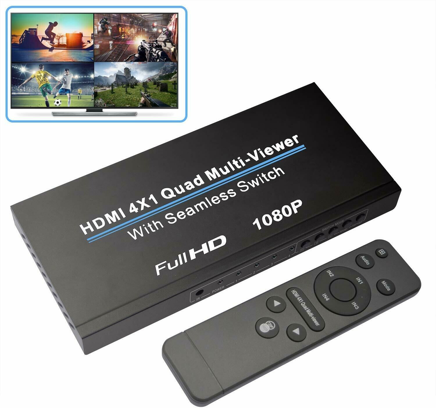 HDMI Swithcer 4X1, NIERBO HDMI Quad Multi-Viewer HDMI Switcher 1080p HDMI Splitter Seamless IR Control EU 3D Support 5 Modes for PS3/PC/STB/DVD (Style 1)