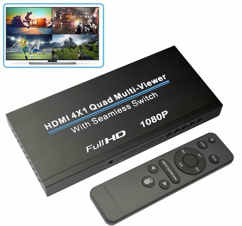 HDMI Swithcer 4X1, NIERBO HDMI Quad Multi-Viewer HDMI Switcher 1080p HDMI Splitter Seamless IR Control EU 3D Support 5 Modes for PS3/PC/STB/DVD (Style 1)