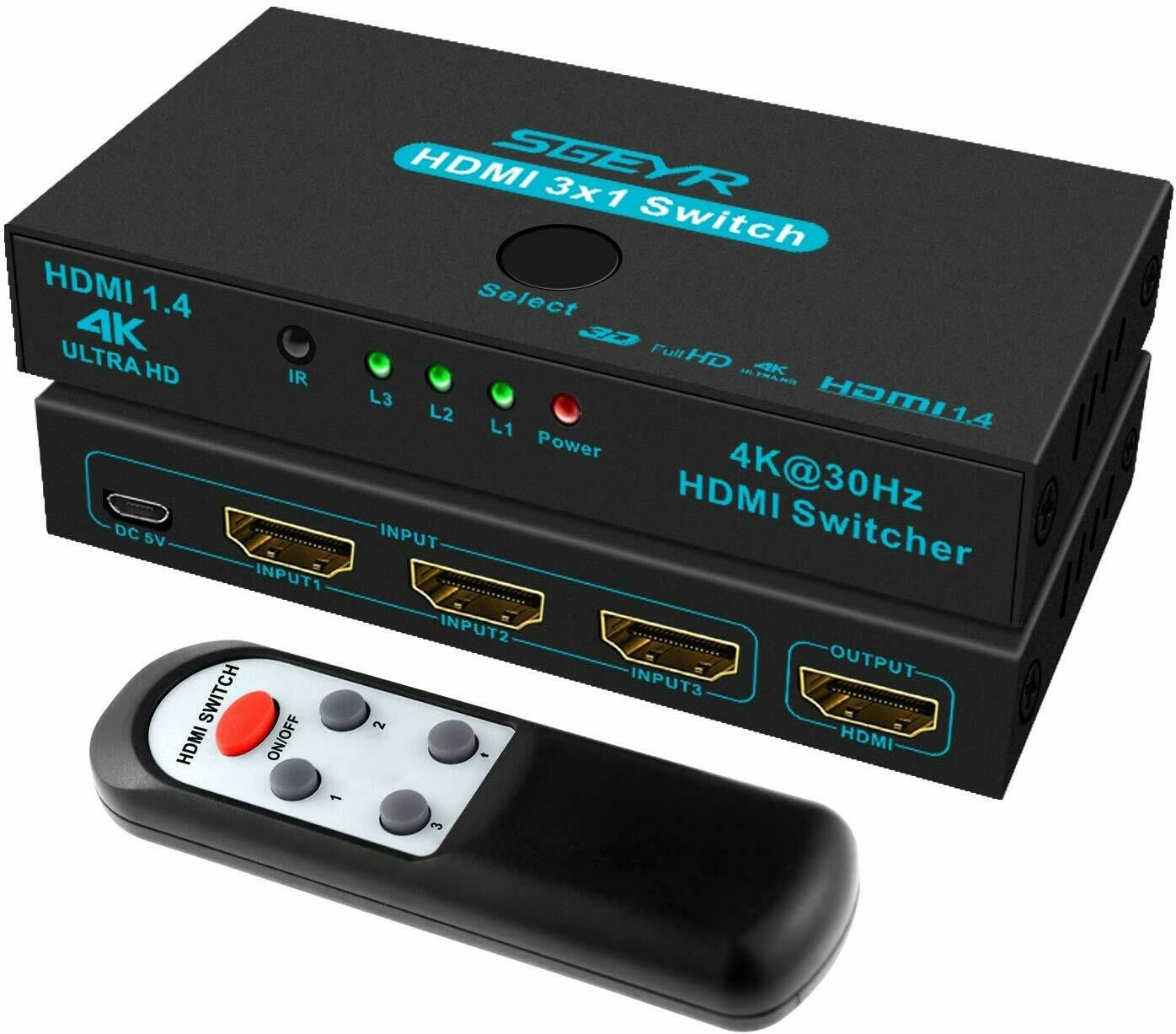 3 Port HDMI Switcher 3 in 1 Out Metal HDMI Switcher Selector 3x1 with IR Remote Control HDMI Selector Box HDMI 1.4 HDCP 1.4 Support 4K@30Hz Ultra HD 3D 2160P 1080P