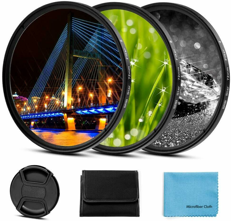 58mm Star Filter 3 Pieces Starburst Lens Filter(4 Points,6 Points,8 Points) with Centre Pinch Lens Cap + 3 slot Pouch