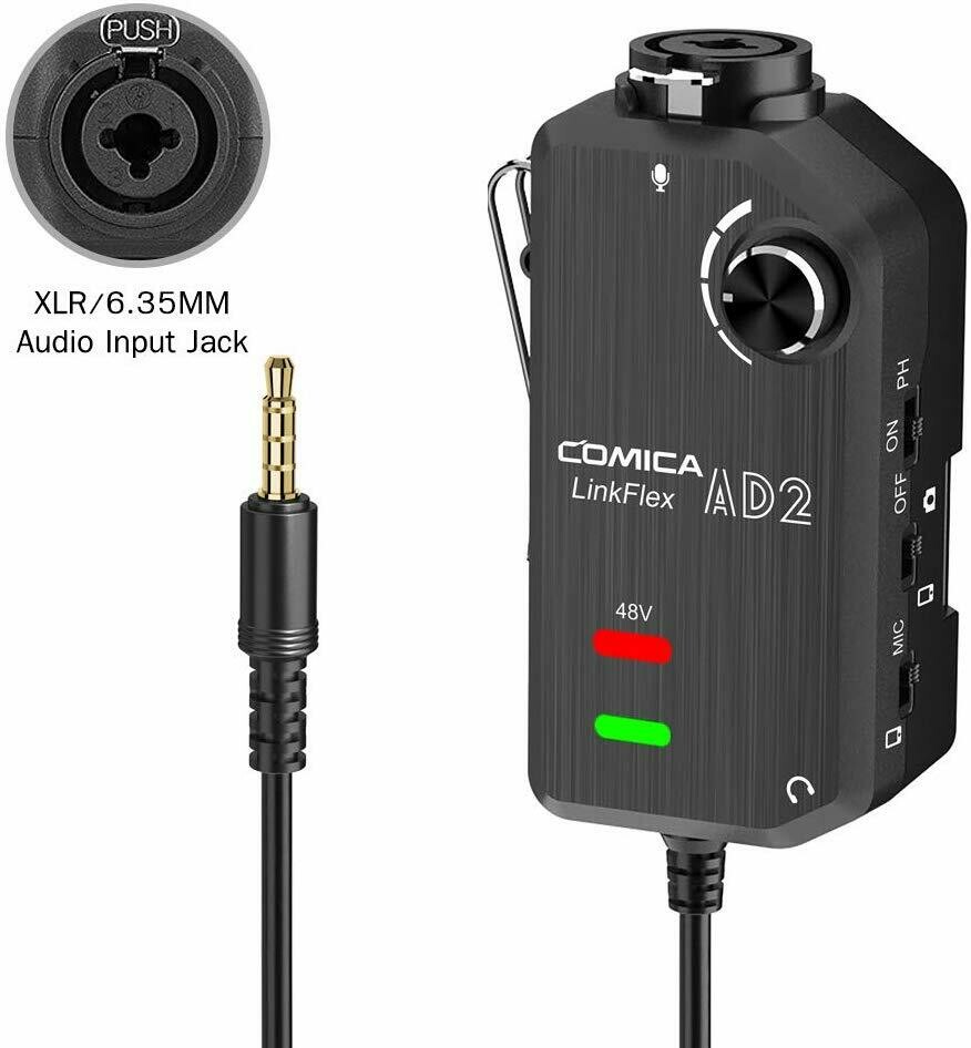 Audio Preamp Adapter Comica LINKFlEX AD2 XLR/ 6.35MM Microphone Preamp Amplifier with 48V Phantom Power, Guitar Interface Adapter for iPhone,iPad,Android Smartphone and and DSLR Cameras