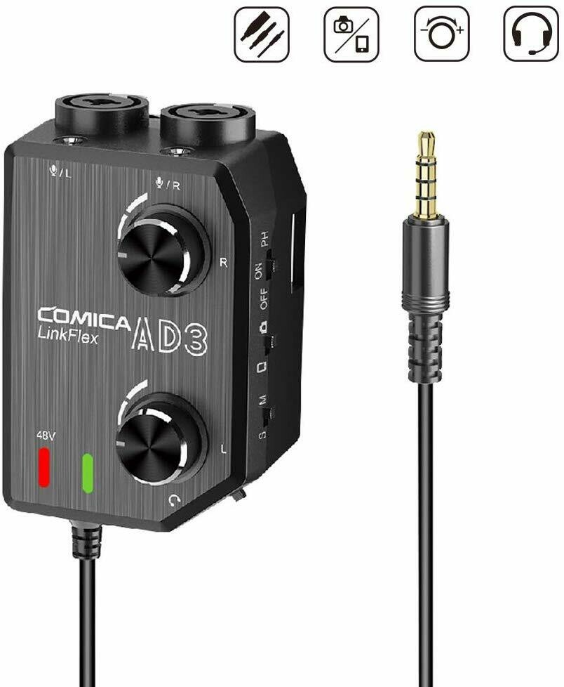 Comica LINKFLEX AD3 Microphone Amplifier Adapter XLR/3.5mm/6.35mm-3.5mm Microphone Preamp Adapter with 2-channels 48V Phantom Power Mixer for iPhone iPad Android Smartphones,Camcorders,DSLR Cameras