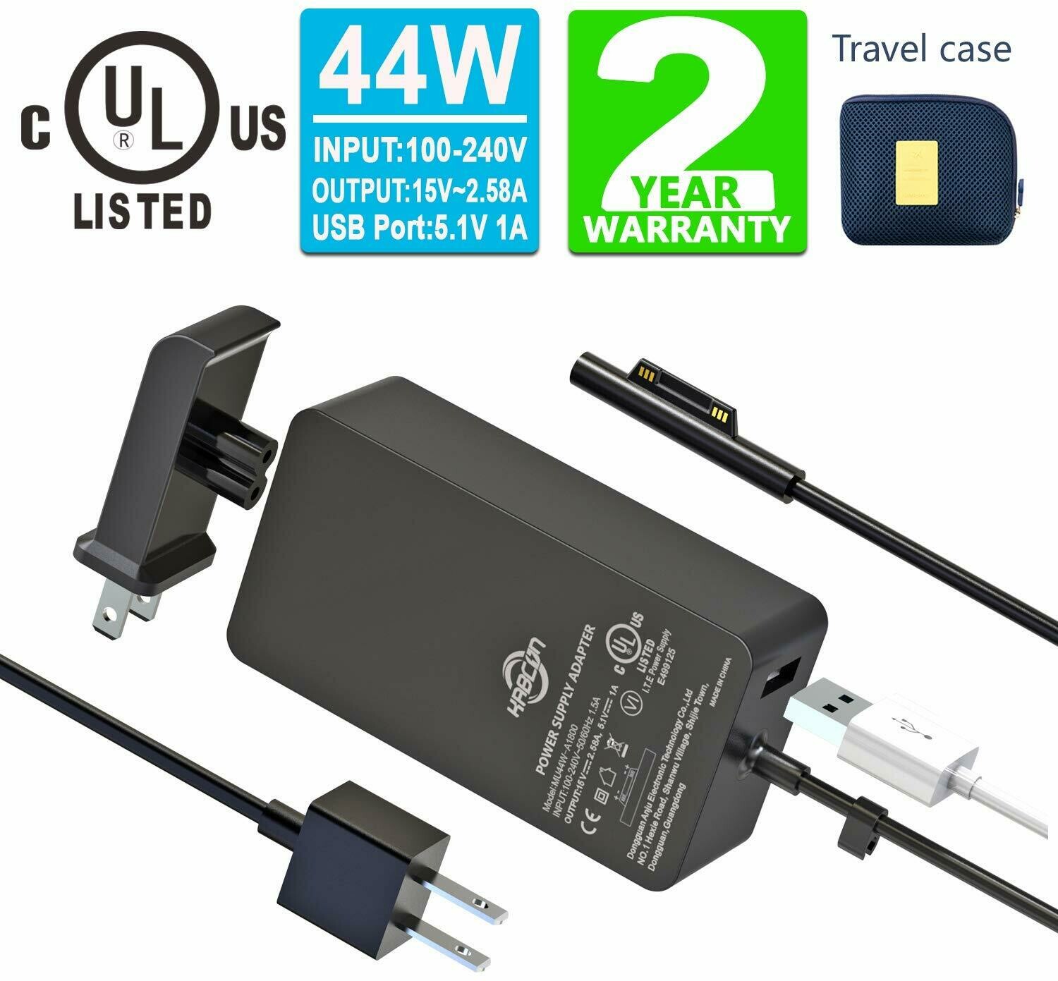 Surface Pro Surface Laptop Charger 44W 15V 2.58A Power Supply Compatible Microsoft Surface Pro 6 7 Pro 4 Pro 3,Surface Laptop 2,Surface Go,Surface Book with Travel Pouch