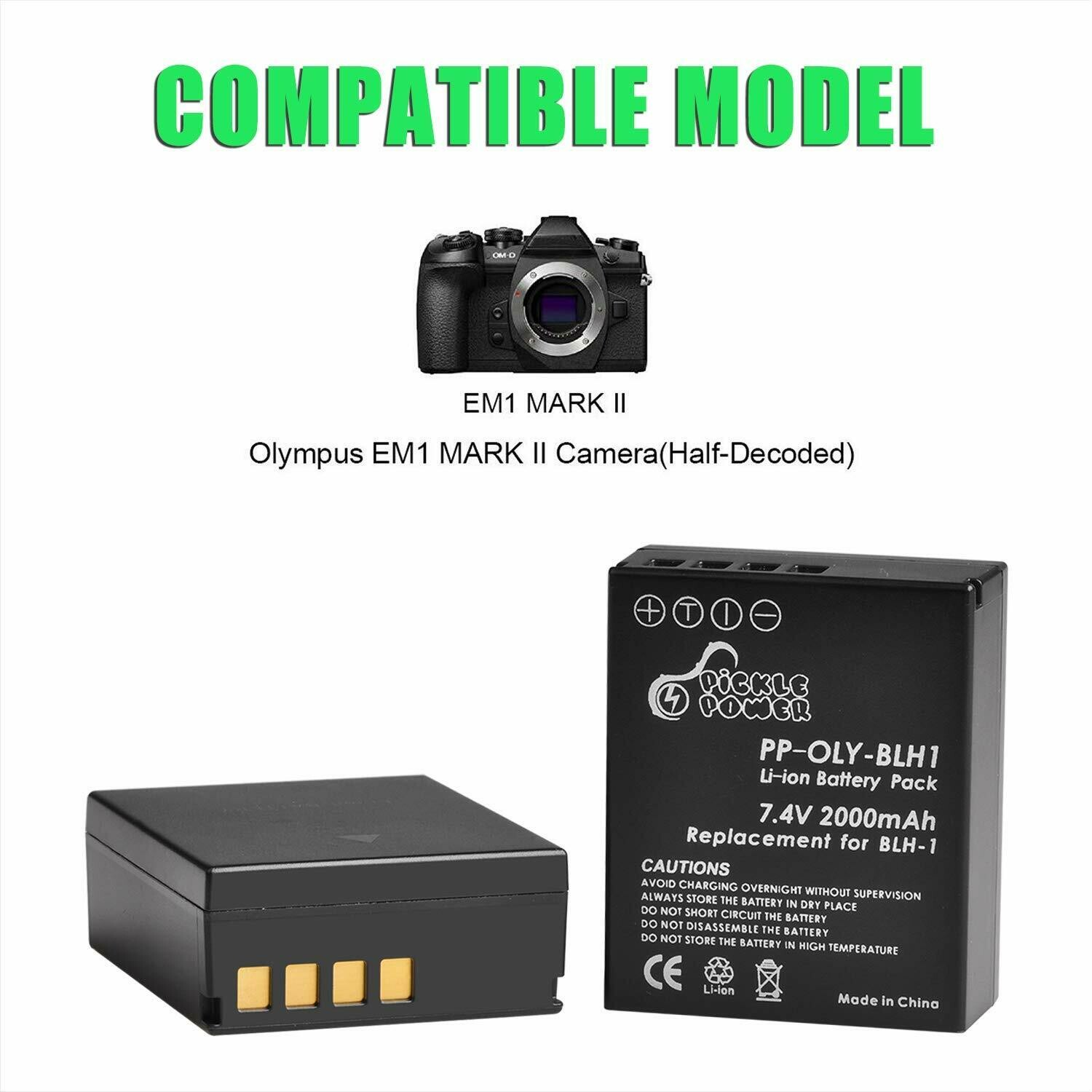 Battery for Olympus EM1 Mark II, Pickle Power BLH-1