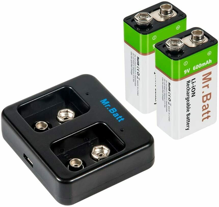 Mr.Batt 9V Batteries Lithium Ion 9 Volt Rechargeable Battereis (2 Pack) and 2 Bay 9V Smart Charger