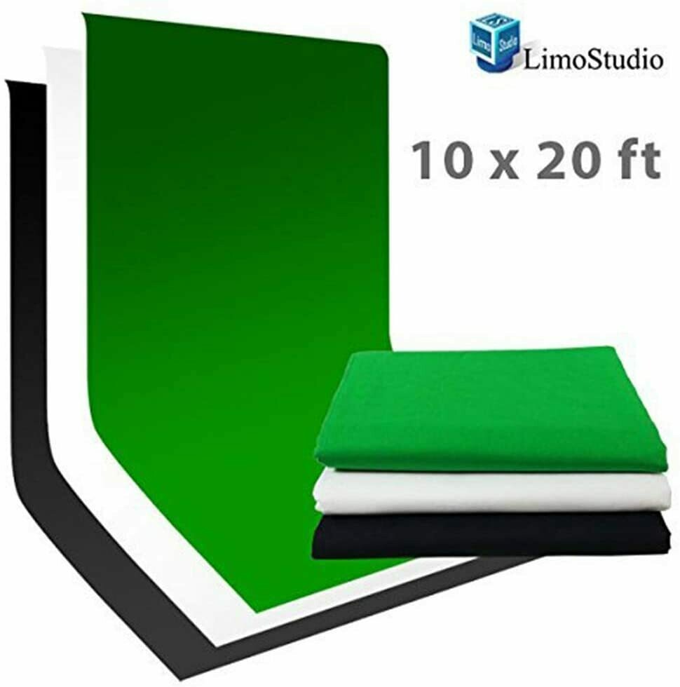 LimoStudio Muslin Photo Studio 10 x 20 ft White + Black + Green Chromakey Muslin Background